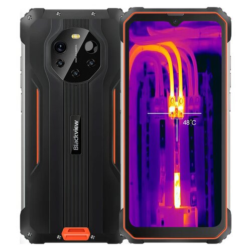 Smartfon Blackview BL8800 Pro 5G w kolorze pomarańczowym, z widocznym ekranem termowizyjnym pokazującym temperaturę 48°C oraz tylną obudową z logo Blackview.