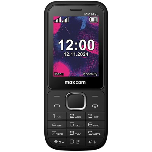 Telefon komórkowy z wyświetlaczem pokazującym godzinę 12:00 i datę 12.11.2024, z ikonami zasięgu i baterii oraz opcjami "Menu" i "Kontakty". Na obudowie widoczne jest logo "maxcom", a poniżej znajduje się klawiatura numeryczna.