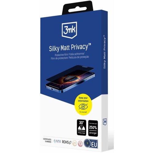 Niebieskie opakowanie z logo "3mk" zawiera napis "Silky Matt Privacy™" oraz ilustrację telefonu z nałożoną folią ochronną. Na opakowaniu znajdują się także informacje: "Keep your information to yourself", "30° Privacy angle", "Your screen is up to 250% st