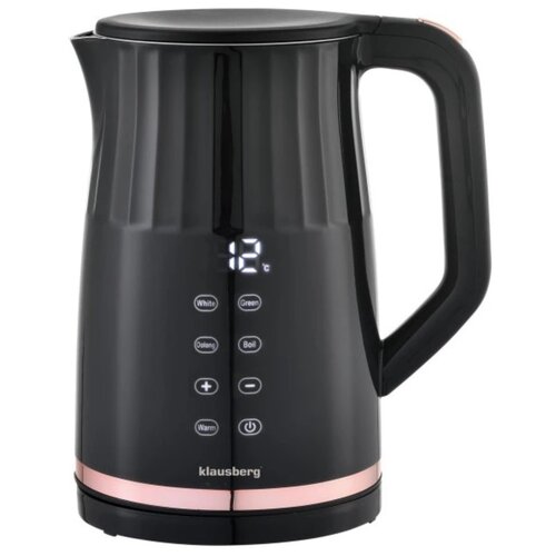 Czarny czajnik elektryczny z wyświetlaczem LED pokazującym temperaturę "12°C" oraz przyciskami oznaczonymi jako "White", "Green", "Oolong", "Boil", "+", "-", "Warm" i symbolem włączania/wyłączania. Na dole czajnika widoczne jest logo "klausberg".