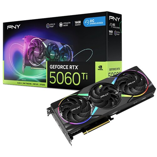 Pudełko i karta graficzna PNY GeForce RTX 5060 Ti z trzema wentylatorami, ozdobione kolorowym podświetleniem RGB. Na opakowaniu widoczne są napisy: "PNY", "GeForce RTX 5060 Ti", "16GB GDDR7", "OC Overclocked", "Epic-X RGB", "DLSS 4", "Ray Tracing", "Refle