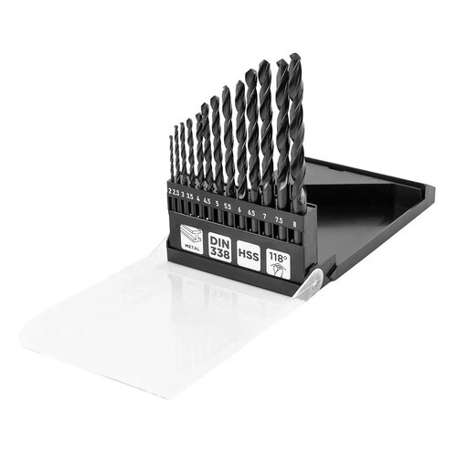 Zestaw wierteł GRAPHITE 54T935 (13 szt.) jest umieszczony w otwartym, czarnym etui z przezroczystą pokrywą. Na etui widoczne są oznaczenia: "METAL", "DIN 338", "HSS", "118°", a wiertła są ułożone w rzędzie według rozmiarów od 2,5 do 8 mm.