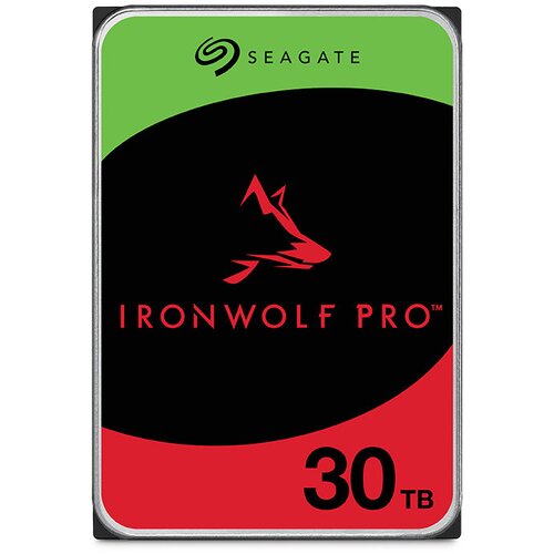 Na zdjęciu widoczny jest dysk twardy z etykietą w kolorach zielonym, czarnym i czerwonym, z logo "SEAGATE" oraz napisem "IRONWOLF PRO" i oznaczeniem pojemności "30 TB".