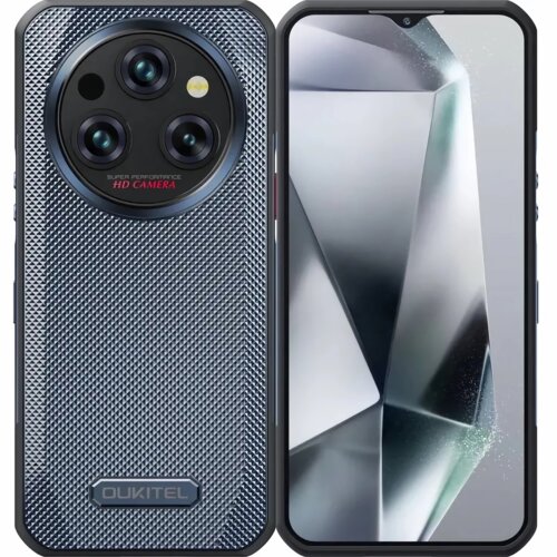 Szary smartfon z wyświetlaczem o przekątnej 6,56 cala, z tyłu posiada teksturowaną obudowę oraz okrągły moduł z trzema obiektywami i napisem "SUPER PERFORMANCE HD CAMERA". Na obudowie widoczne jest logo "OUKITEL".