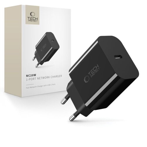 Czarna ładowarka sieciowa z logo "TECH-PROTECT" oraz pudełko z napisem "NC20W 1-PORT NETWORK CHARGER" i "Fast Network Charger with USB-C Port". Produkt ma metalowe wtyki i port USB-C.