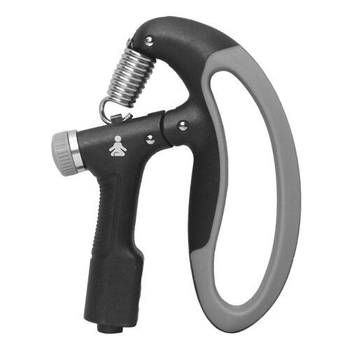 Czarno-szary ściskacz do rąk z metalową sprężyną i ergonomicznym uchwytem. Na uchwycie widoczne jest logo przedstawiające stylizowaną postać w pozycji medytacyjnej.