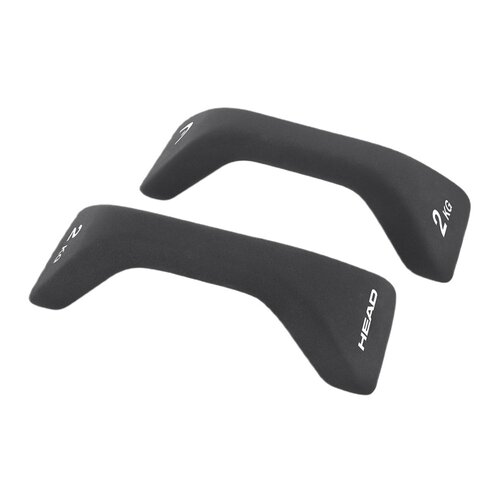 Czarne hantle o ergonomicznym kształcie z białymi napisami "2 KG" oraz "HEAD" na powierzchni. Produkt składa się z dwóch hantli, każda o wadze 2 kg.