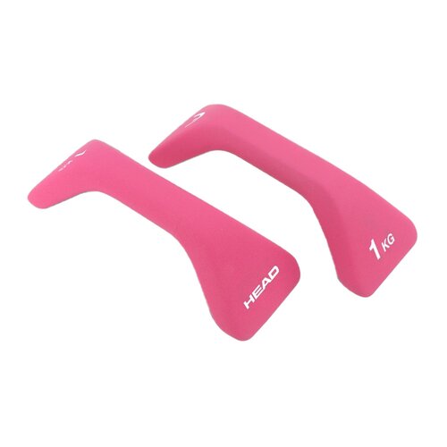 Na zdjęciu znajdują się dwie różowe hantle o ergonomicznym kształcie, każda z napisem "HEAD" oraz oznaczeniem wagi "1 KG". Hantle są ustawione w taki sposób, że ich kształt i napisy są dobrze widoczne.