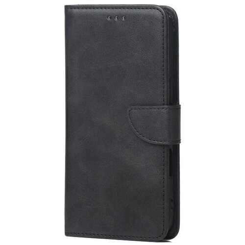 Czarne etui z imitacji skóry z klapką, posiadające trzy małe otwory na górze oraz zapięcie na magnes. Produkt jest przeznaczony do telefonu Apple iPhone 17 Air.