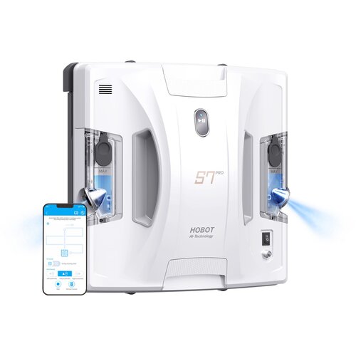 Biały robot do mycia okien z napisem "HOBOT AI-Technology" oraz "S7 Pro" na obudowie, z widocznymi dwoma pojemnikami na płyn oznaczonymi "MAX". Obok robota znajduje się smartfon z aplikacją pokazującą schemat działania urządzenia.