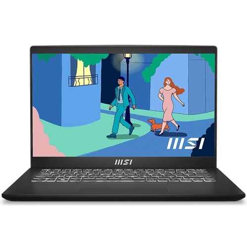 Czarny laptop z widocznym logo "MSI" na dolnej ramce ekranu, na którym wyświetlany jest kolorowy rysunek przedstawiający dwie postacie spacerujące z psem w miejskim otoczeniu. Klawiatura jest podświetlana, a ekran pokazuje jasne, żywe kolory.