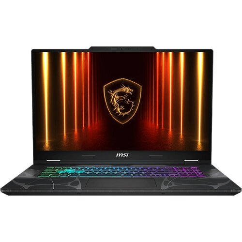 Laptop z podświetlaną klawiaturą w różnych kolorach, na ekranie widoczny jest emblemat smoka na tle pomarańczowych i czerwonych linii świetlnych. Na obudowie pod ekranem znajduje się logo "msi".
