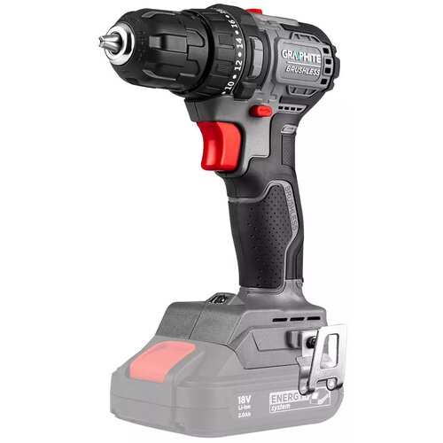 Na zdjęciu znajduje się wiertarko-wkrętarka z widocznym napisem "GRAPHITE BRUSHLESS" na obudowie. Na dolnej części urządzenia widnieje napis "18V Li-Ion 2.0Ah ENERGY system".