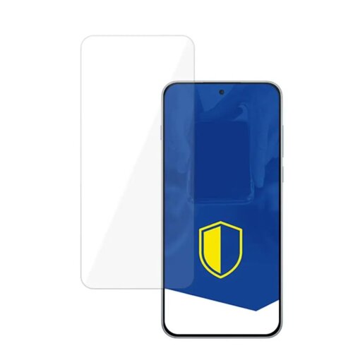 Przezroczyste szkło hartowane jest umieszczone obok smartfona z niebieskim ekranem, na którym widnieje żółto-niebieska tarcza. Produkt to "Szkło hartowane 3MK HardGlass do OnePlus Nord 5".