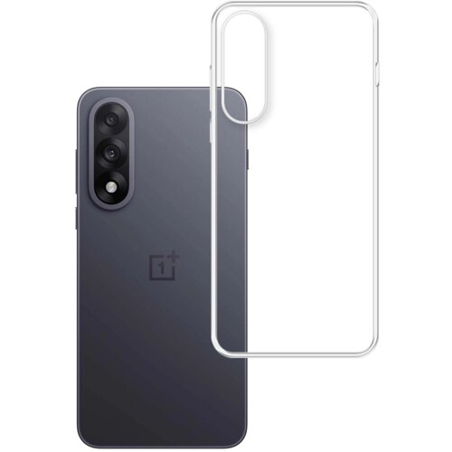 Na zdjęciu widoczny jest przezroczysty futerał na telefon, obok którego znajduje się smartfon z trzema obiektywami aparatu i logo "1+" na obudowie.