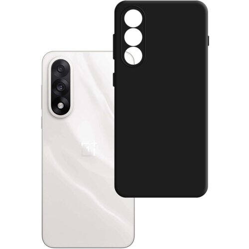 Na zdjęciu widoczne jest czarne etui z trzema otworami na aparaty, obok białego telefonu z trzema obiektywami i logo "OnePlus" na obudowie.