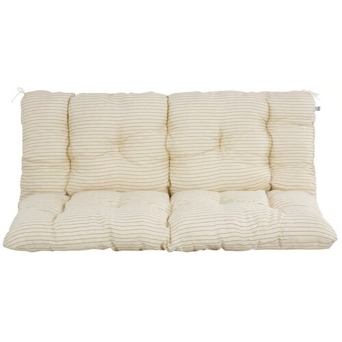 Beżowa poduszka na huśtawkę z delikatnym, poziomym wzorem w cienkie, ciemne paski, posiada pikowania i troczki do mocowania. Produkt ma wymiary 120 x 50 x 10 cm.