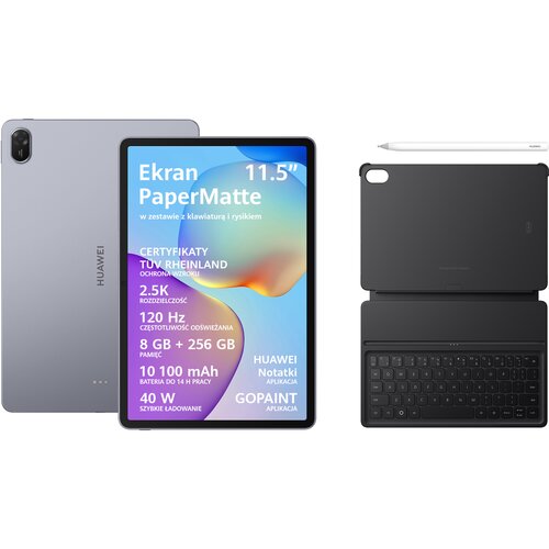Na zdjęciu widoczny jest tablet z ekranem, na którym znajduje się tekst: "Ekran PaperMatte 11.5'' w zestawie z klawiaturą i rysikiem, CERTYFIKATY TÜV RHEINLAND OCHRONA WZROKU, 2.5K ROZDZIELCZOŚĆ, 120 Hz CZĘSTOTLIWOŚĆ ODŚWIEŻANIA, 8 GB + 256 GB PAMIĘĆ, 10 