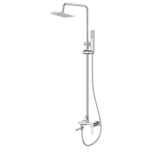 Zestaw prysznicowy ścienny w kolorze chromu, składający się z deszczownicy, słuchawki prysznicowej oraz baterii z wylewką. Produkt ma elegancki, nowoczesny design z gładkimi, zaokrąglonymi krawędziami.