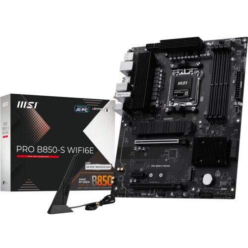 Płyta główna z oznaczeniem "PRO B850-S WIFI6E" leży obok pudełka z napisem "MSI PRO B850-S WIFI6E AMD MOTHERBOARD". Obok znajduje się antena z logo MSI oraz kabel.