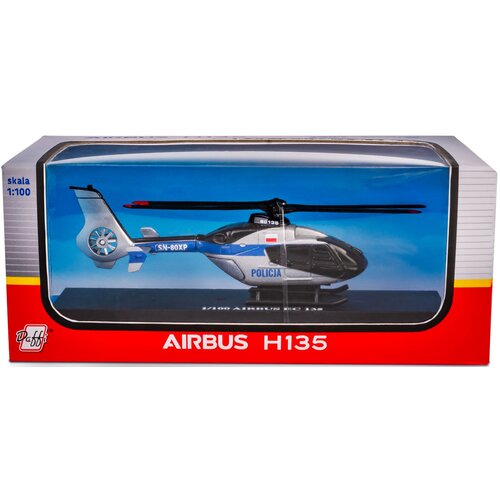 Opakowanie zawiera model helikoptera w skali 1:100, z napisem "POLICJA" na boku oraz oznaczeniem "SN-80XP". Na pudełku widnieje logo "Daffi" oraz napis "AIRBUS H135".