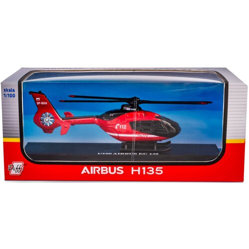 Czerwony model helikoptera ratunkowego z napisem "112" i "STRAŻ" znajduje się w przezroczystym opakowaniu. Na opakowaniu widnieje napis "AIRBUS H135", a w lewym dolnym rogu znajduje się logo "Daffi".