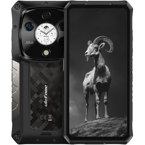 Smartfon ULEFONE Armor 28 Pro 5G 16/512GB 6.67" 120Hz Czarny UF-A28P jest widoczny z przodu i z tyłu; na ekranie wyświetla się czarno-białe zdjęcie koziorożca stojącego na skale, a na tylnej obudowie znajduje się logo "ulefone" oraz okrągły moduł z aparat