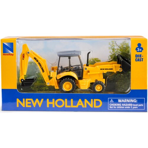 Pudełko zawiera model koparko-ładowarki w kolorze żółtym z czarnymi elementami, umieszczony na tle krajobrazu z drzewami. Na opakowaniu widnieją napisy: "New Holland", "NewRay", "3+ DIE-CAST" oraz ostrzeżenie: "WARNING: CHOKING HAZARD-Small parts Not for 