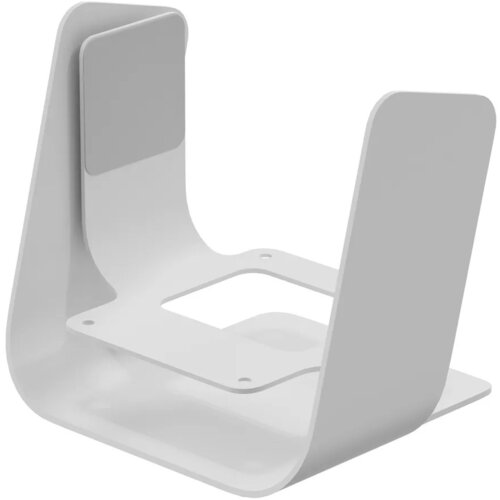 Biały stojak pod projektor o nowoczesnym designie, z zaokrąglonymi krawędziami i otworami montażowymi na podstawie. Produkt wykonany z gładkiego materiału, przeznaczony do maksymalnego obciążenia 10 kg.