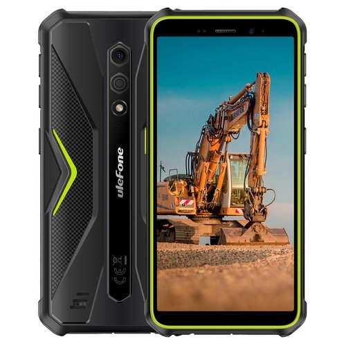 Smartfon ULEFONE Armor X12 3/32GB 5.45" UF-AX12 OE Zielony jest przedstawiony z przodu i z tyłu, z widocznym logo "ulefone" na tylnej obudowie. Na ekranie telefonu wyświetlone jest zdjęcie koparki na tle nieba.
