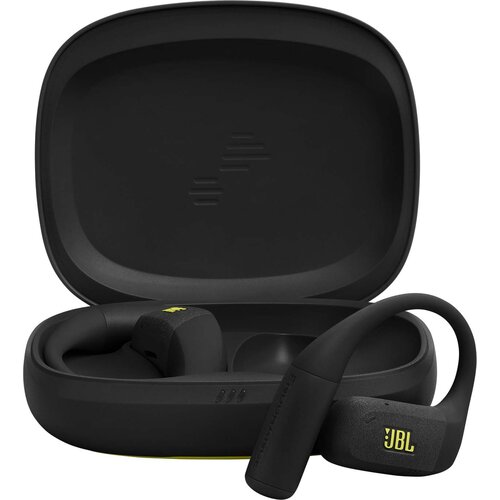 Czarno-limonkowe słuchawki powietrzne JBL Endurance Zone znajdują się w otwartym etui, na którym widoczne jest logo JBL. Słuchawki mają zakrzywiony kształt z widocznym napisem "ENDURANCE" oraz logo JBL na jednej z części.