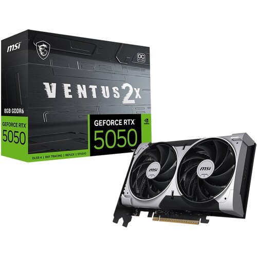 Pudełko karty graficznej z napisem "VENTUS 2X" oraz "GEFORCE RTX 5050" w kolorze zielonym, z logo producenta MSI. Obok znajduje się karta graficzna z dwoma wentylatorami, na których widnieje logo MSI.