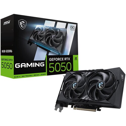 Na zdjęciu widoczna jest karta graficzna z dwoma dużymi wentylatorami oraz opakowanie z napisem "MSI", "GAMING", "GeForce RTX 5050", "8GB GDDR6", "DLSS 4 | RAY TRACING | REFLEX | STUDIO". Na opakowaniu znajduje się również logo producenta oraz oznaczenie 