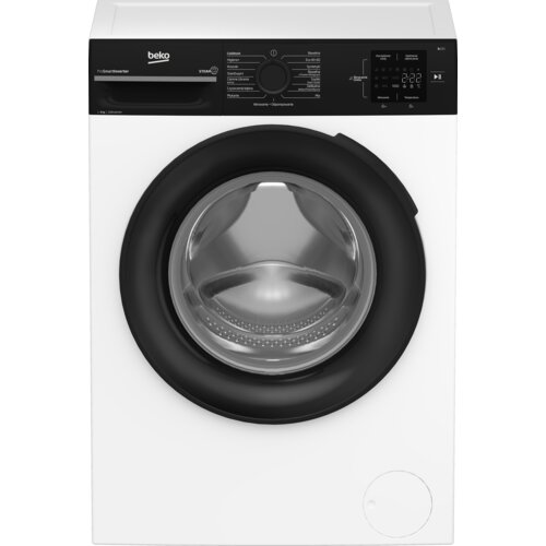 Pralka BEKO Slim b100 BM1WFU36225WBPB 6kg 1200obr SteamCure ColdWash Higiena+ z widocznym panelem sterowania, pokrętłem wyboru programów oraz wyświetlaczem cyfrowym. Na panelu znajduje się logo "beko" oraz napisy informujące o funkcjach pralki.