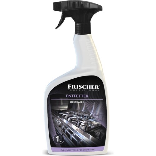 Butelka z rozpylaczem zawiera płyn odtłuszczający FRISCHER Professional 1000 ml. Na etykiecie widnieje napis "ENTFETTER DEGREASER" oraz grafika przedstawiająca kuchenkę gazową.