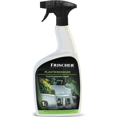 Biała butelka z czarnym spryskiwaczem, na której widnieje logo "FRISCHER PROFESSIONAL" oraz napis "PLASTIKREINIGER PLASTIC CLEANING LIQUID". Na etykiecie znajduje się zdjęcie białych krzeseł ogrodowych otoczonych zielenią oraz informacja "1L" i tekst "FÜR