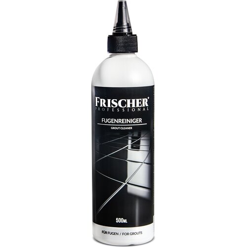 Butelka z płynem do czyszczenia fug marki FRISCHER Professional o pojemności 500 ml. Na etykiecie widnieje napis: "FUGENREINIGER Grout Cleaner" oraz "FÜR FUGEN / FOR GROUTS".