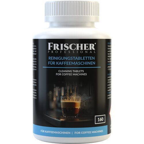 Biała butelka z etykietą w kolorze czarnym i niebieskim, na której widnieje napis "FRISCHER PROFESSIONAL REINIGUNGSTABLETTEN FÜR KAFFEEMASCHINEN" oraz "CLEANING TABLETS FOR COFFEE MACHINES". Na etykiecie znajduje się również zdjęcie filiżanki z kawą oraz 