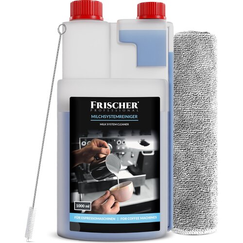 Zestaw do czyszczenia systemów mlecznych FRISCHER Professional 1000 ml zawiera butelkę z dwoma czerwonymi nakrętkami, szczotkę oraz szarą ściereczkę. Na etykiecie butelki widnieje napis: "FRISCHER PROFESSIONAL MILCHSYSTEMREINIGER MILK SYSTEM CLEANER 1000 