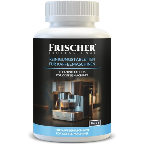 Biała butelka z etykietą przedstawiającą ekspres do kawy, na której widnieje napis "FRISCHER PROFESSIONAL" oraz "REINIGUNGSTABLETTEN FÜR KAFFEEMASCHINEN" i "CLEANING TABLETS FOR COFFEE MACHINES". Na dole etykiety znajduje się informacja "90 x 2 g".
