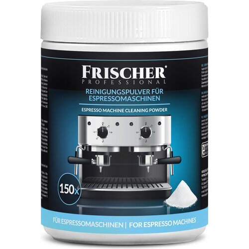 Biały pojemnik z etykietą w kolorze czarnym i niebieskim, na której widnieje napis "FRISCHER Professional" oraz "Reinigungspulver für Espressomaschinen" i "Espresso Machine Cleaning Powder". Na etykiecie znajduje się również ilustracja ekspresu do kawy or