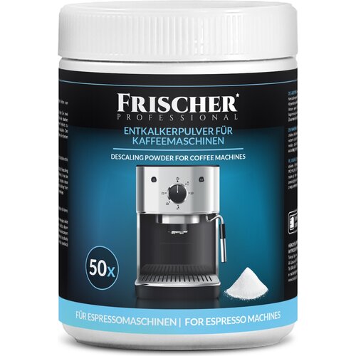 Biały pojemnik z etykietą w kolorze niebieskim i czarnym, na której widnieje napis "FRISCHER Professional" oraz "ENTKALKERPULVER FÜR KAFFEEMASCHINEN" i "DESCALING POWDER FOR COFFEE MACHINES". Na etykiecie znajduje się również grafika ekspresu do kawy oraz