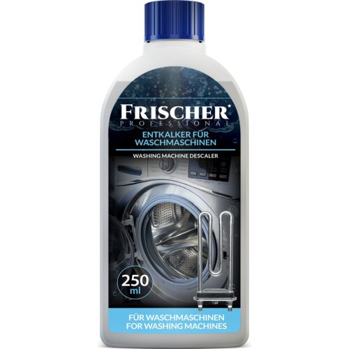 Butelka z niebieską nakrętką zawiera odkamieniacz do pralek o pojemności 250 ml, z etykietą przedstawiającą pralkę i tekstem: "FRISCHER PROFESSIONAL, ENTKALKER FÜR WASCHMASCHINEN, WASHING MACHINE DESCALER, FÜR WASCHMASCHINEN FOR WASHING MACHINES".