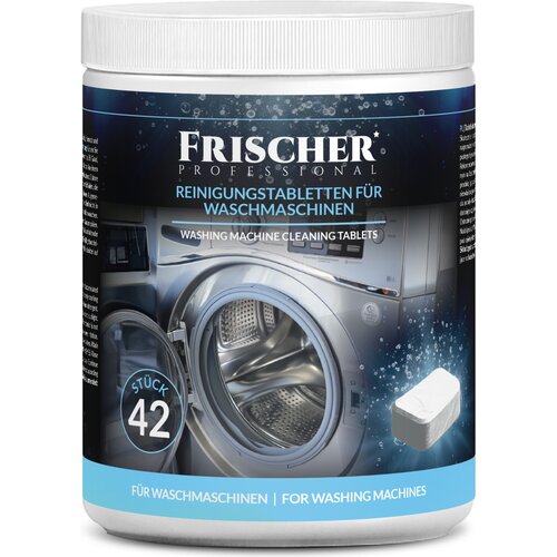 Pojemnik z etykietą "FRISCHER PROFESSIONAL" zawiera napis "REINIGUNGSTABLETTEN FÜR WASCHMASCHINEN" oraz "WASHING MACHINE CLEANING TABLETS". Na etykiecie widoczny jest obraz pralki z otwartymi drzwiczkami oraz liczba "42" z napisem "STÜCK".