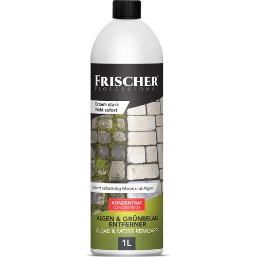 Butelka z etykietą produktu "FRISCHER Professional" o pojemności 1 litra, z napisem "Extrem stark Wirkt sofort" oraz "Entfernt selbsttätig Moos und Algen". Na etykiecie widnieje również tekst "KONZENTRAT CONCENTRATE" oraz "ALGEN & GRÜNBELAG ENTFERNER ALGA