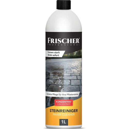 Butelka z etykietą produktu "FRISCHER Professional" o pojemności 1 litra, przeznaczonego do czyszczenia kostki brukowej, z napisem "Extrem stark Wirkt sofort" oraz "Perfekte Pflege für Ihre Pflastersteine". Na etykiecie widoczny jest również napis "KONZEN