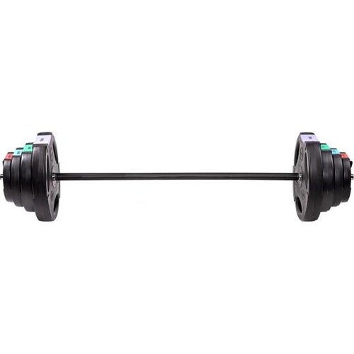 Na zdjęciu znajduje się sztanga z czarnym gryfem i obciążeniami po obu stronach, z kolorowymi oznaczeniami na talerzach. Produkt to "Sztanga HMS GSP40 (42 kg)".