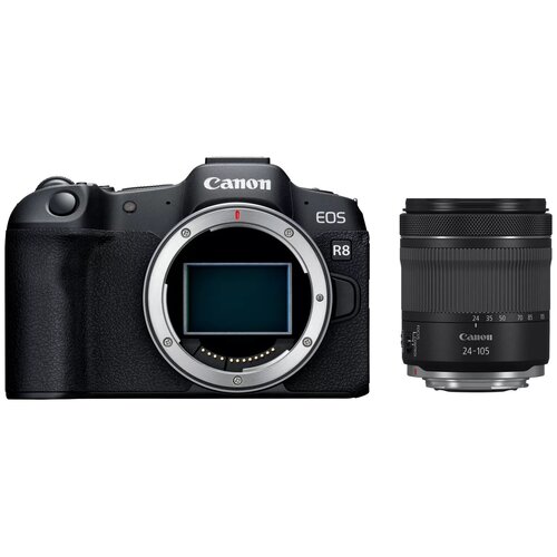 Aparat bezlusterkowy Canon EOS R8 z widocznym mocowaniem obiektywu, obok znajduje się obiektyw Canon RF 24-105 f/4-7.1 IS STM. Na korpusie aparatu widoczne są napisy "Canon" i "EOS R8".