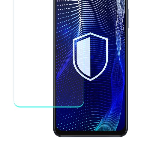 Na zdjęciu widoczny jest telefon z niebieskim, abstrakcyjnym tłem na ekranie, na którym znajduje się biały symbol tarczy. Obok telefonu umieszczone jest przezroczyste szkło ochronne.