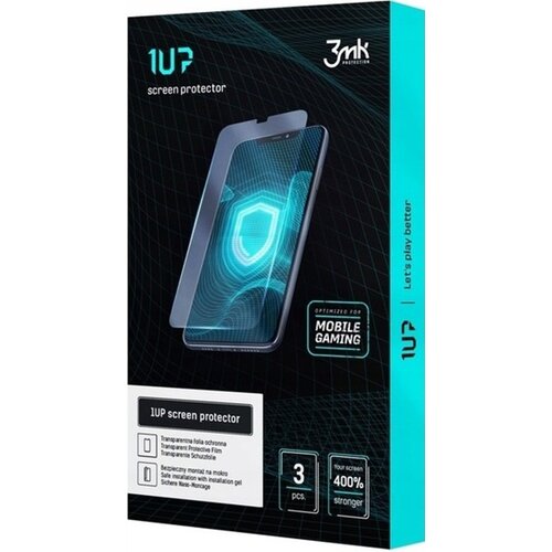 Opakowanie produktu "Folia ochronna 3MK 1UP do Oppo A5x" z grafiką telefonu z nałożoną folią ochronną, na której widoczny jest niebieski wzór tarczy. Na opakowaniu znajdują się napisy: "1UP screen protector", "Optimized for mobile gaming", "3 pcs.", "400%